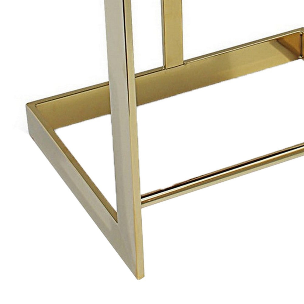 Benjara Gei 30 Inch Barstool Chair, Cantilever Base, Black Velvet Padded Seat, Gold