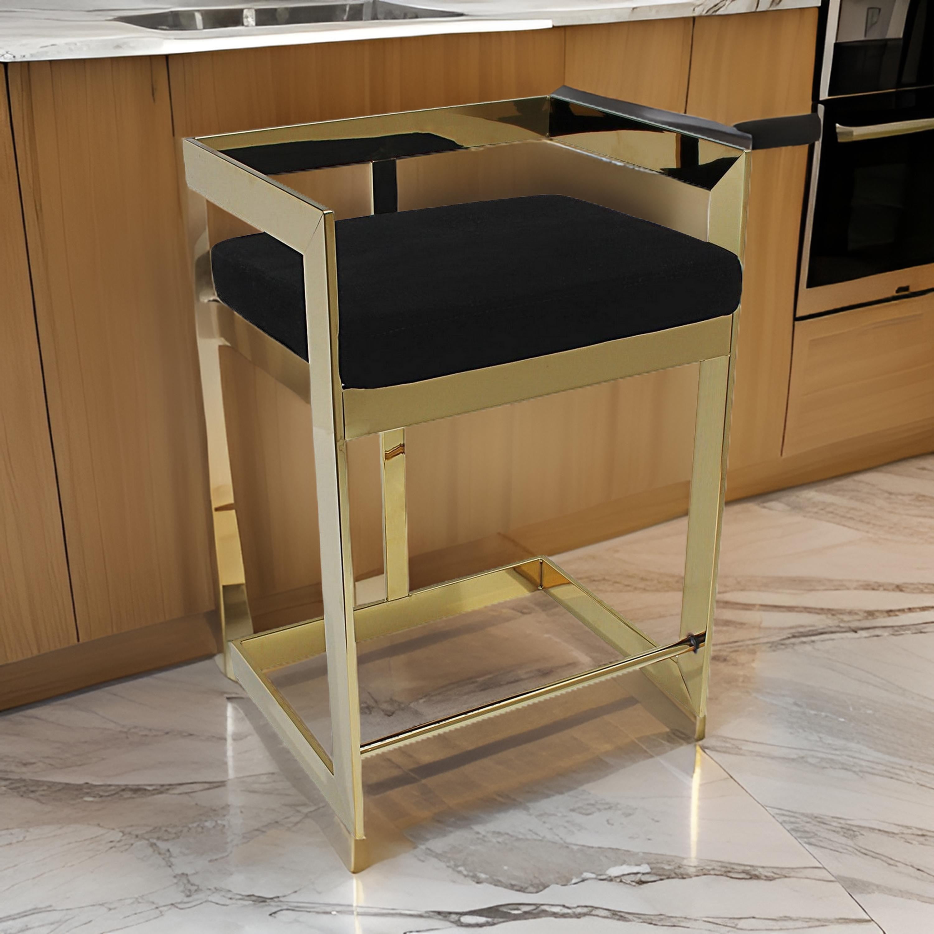Benjara Gei 30 Inch Barstool Chair, Cantilever Base, Black Velvet Padded Seat, Gold