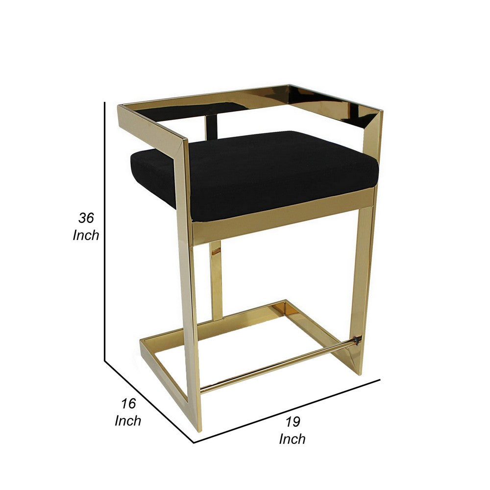 Benjara Gei 26 Inch Counter Height Chair, Cantilever, Black Velvet, Gold Metal