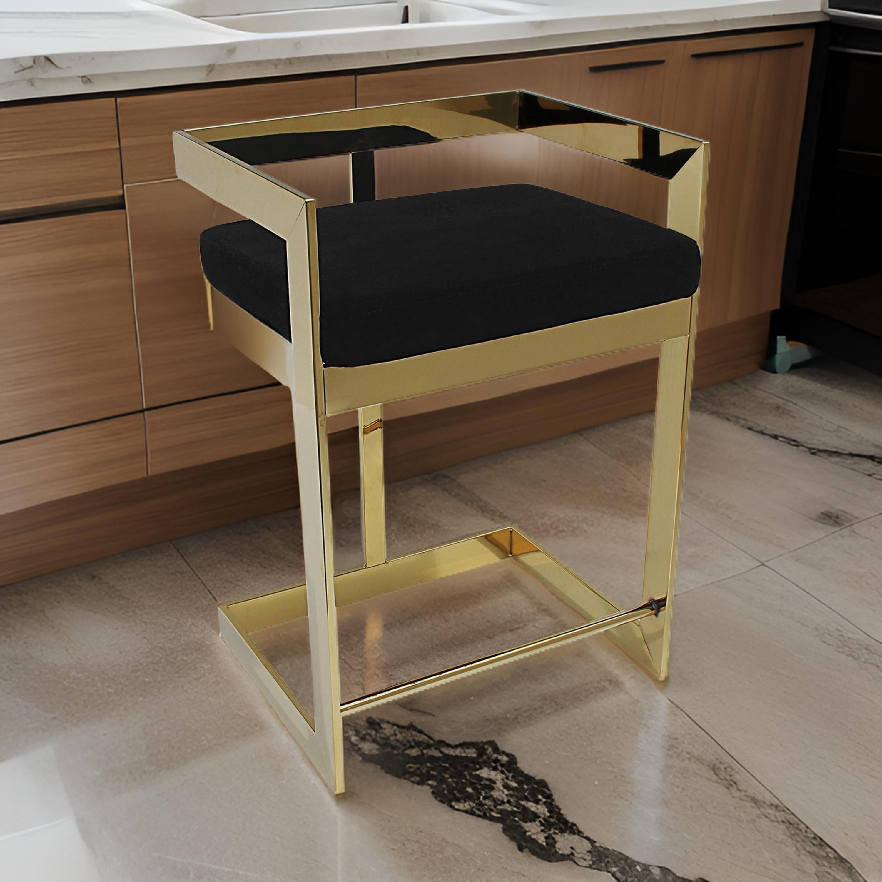 Benjara Gei 26 Inch Counter Height Chair, Cantilever, Black Velvet, Gold Metal
