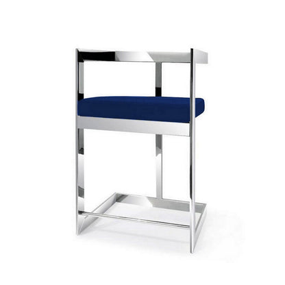 Benjara Gei 26 Inch Counter Height Chair, Cantilever, Blue Velvet, Chrome Metal
