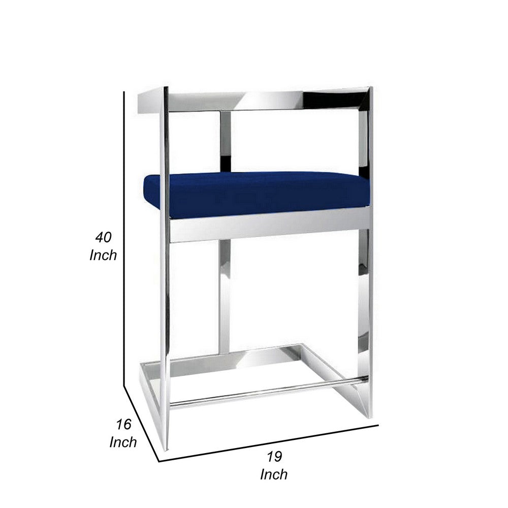 Benjara Gei 26 Inch Counter Height Chair, Cantilever, Blue Velvet, Chrome Metal