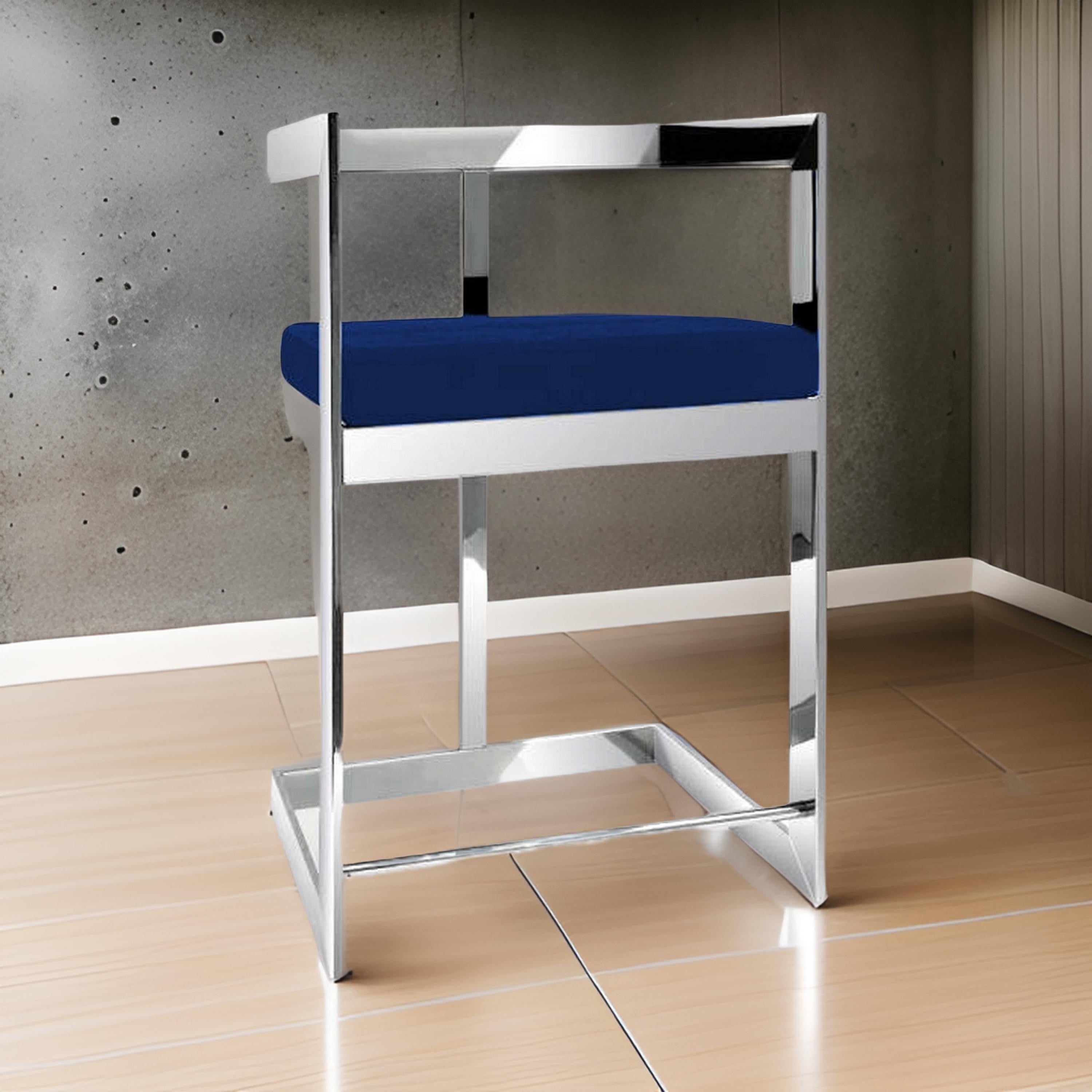 Benjara Gei 26 Inch Counter Height Chair, Cantilever, Blue Velvet, Chrome Metal