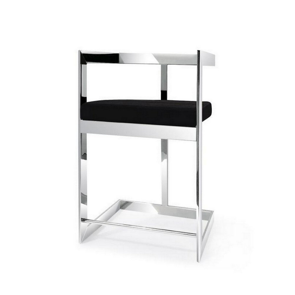 Benjara Gei 26 Inch Counter Height Chair, Cantilever, Black Velvet, Chrome Metal