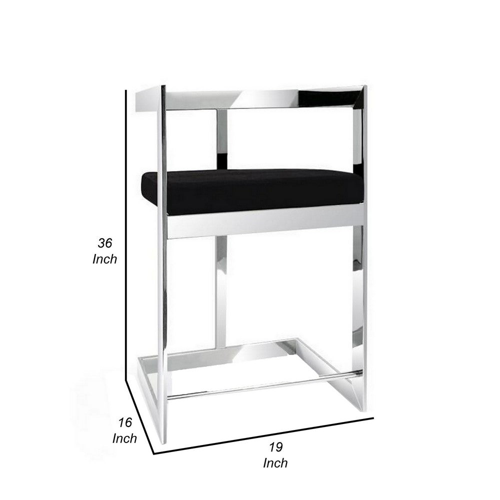Benjara Gei 26 Inch Counter Height Chair, Cantilever, Black Velvet, Chrome Metal