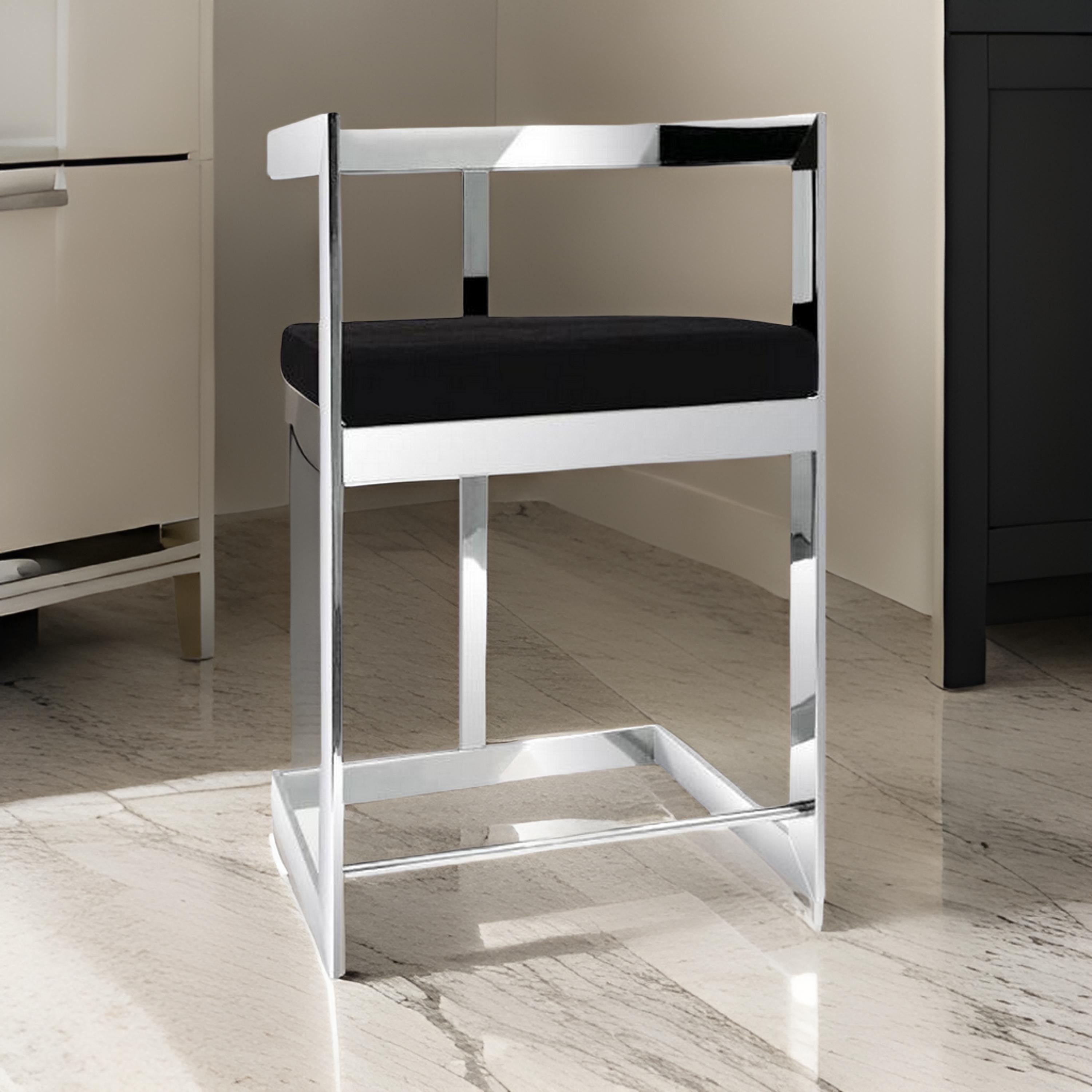 Benjara Gei 26 Inch Counter Height Chair, Cantilever, Black Velvet, Chrome Metal