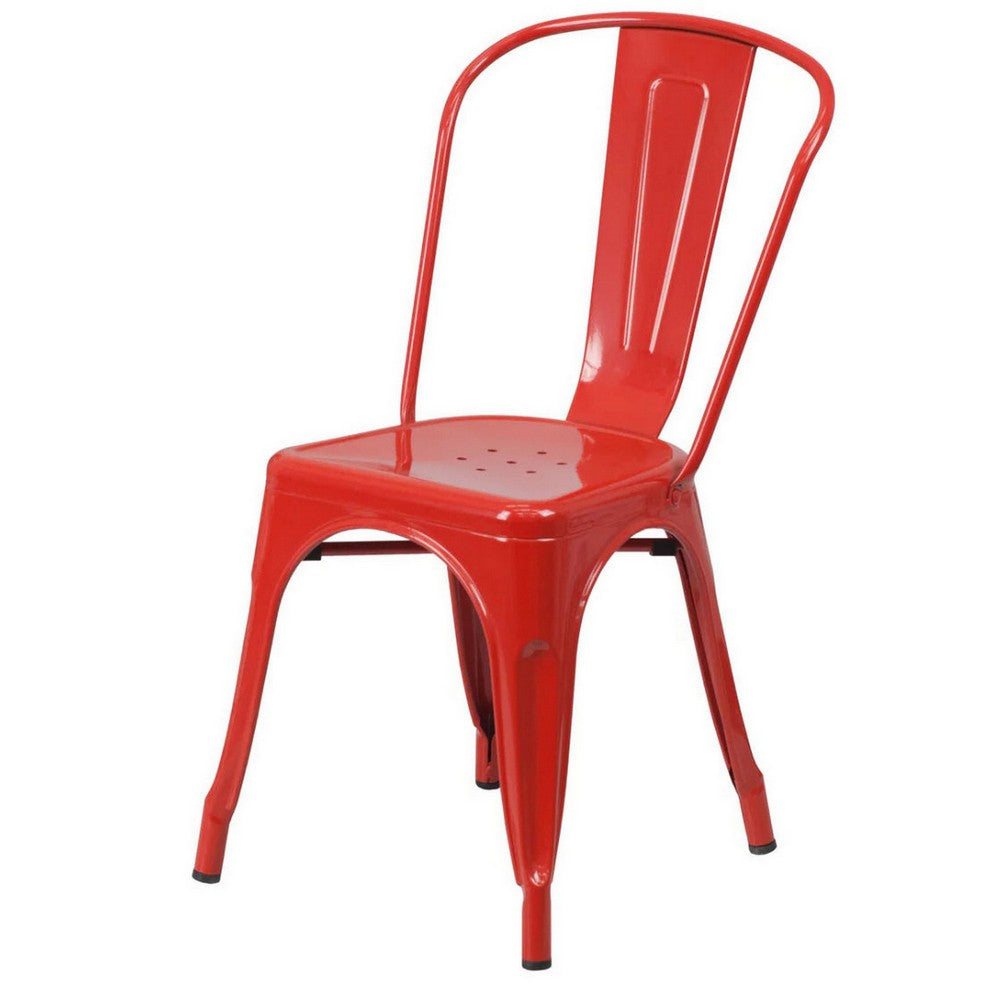 Benjara Mae 25 Inch Side Dining Chair, Set of 4, Industrial Tolix Stackable, Red Metal