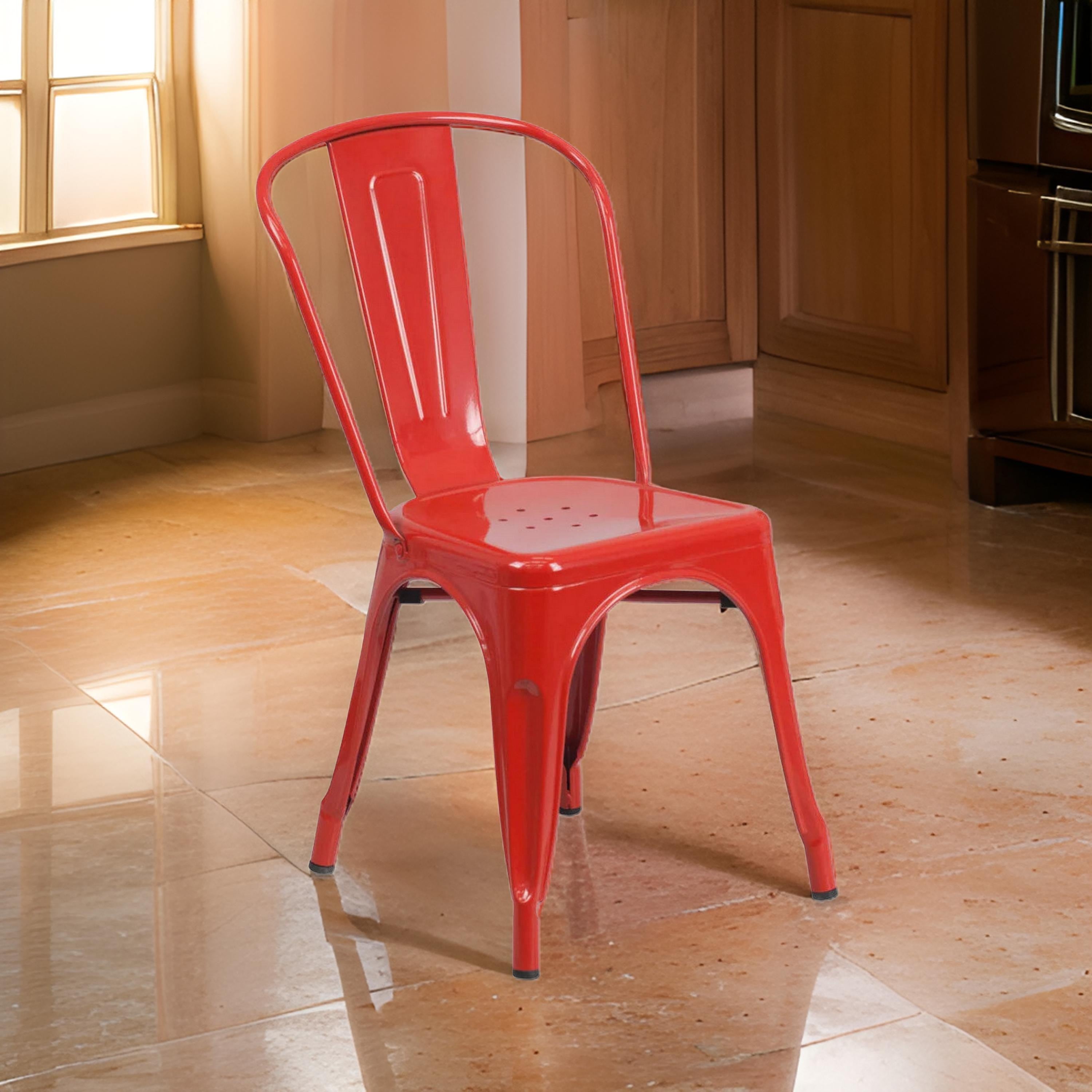 Benjara Mae 25 Inch Side Dining Chair, Set of 4, Industrial Tolix Stackable, Red Metal