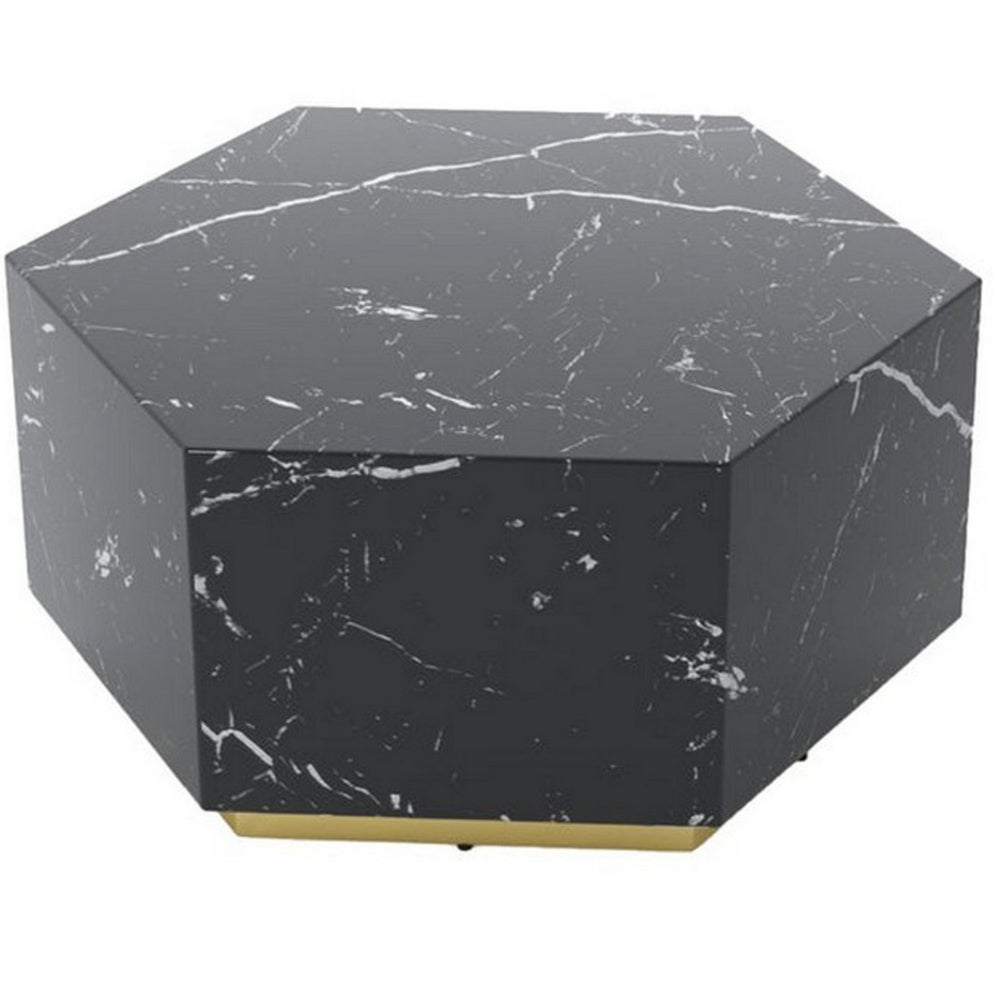 Benjara Hexi 35 Inch Coffee Table, Hexagonal, Black Faux Marble Design, Gold Base