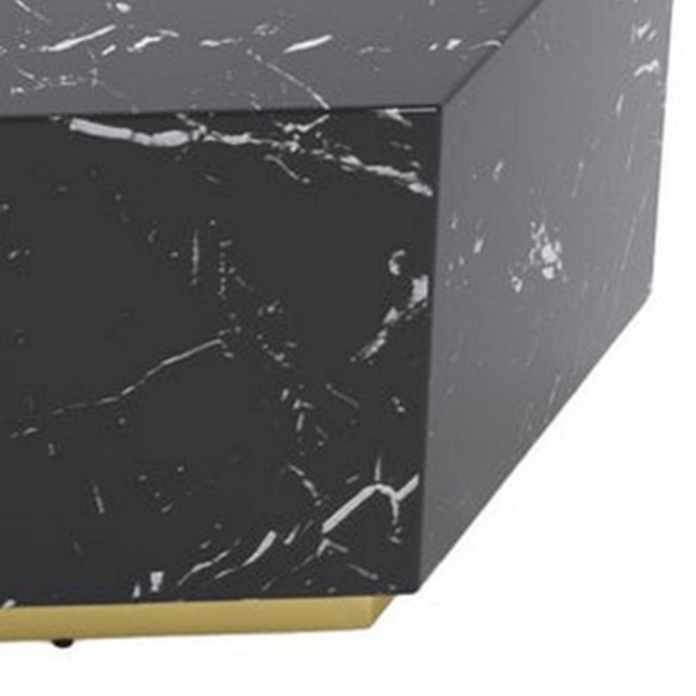 Benjara Hexi 35 Inch Coffee Table, Hexagonal, Black Faux Marble Design, Gold Base