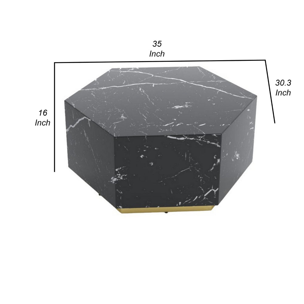 Benjara Hexi 35 Inch Coffee Table, Hexagonal, Black Faux Marble Design, Gold Base