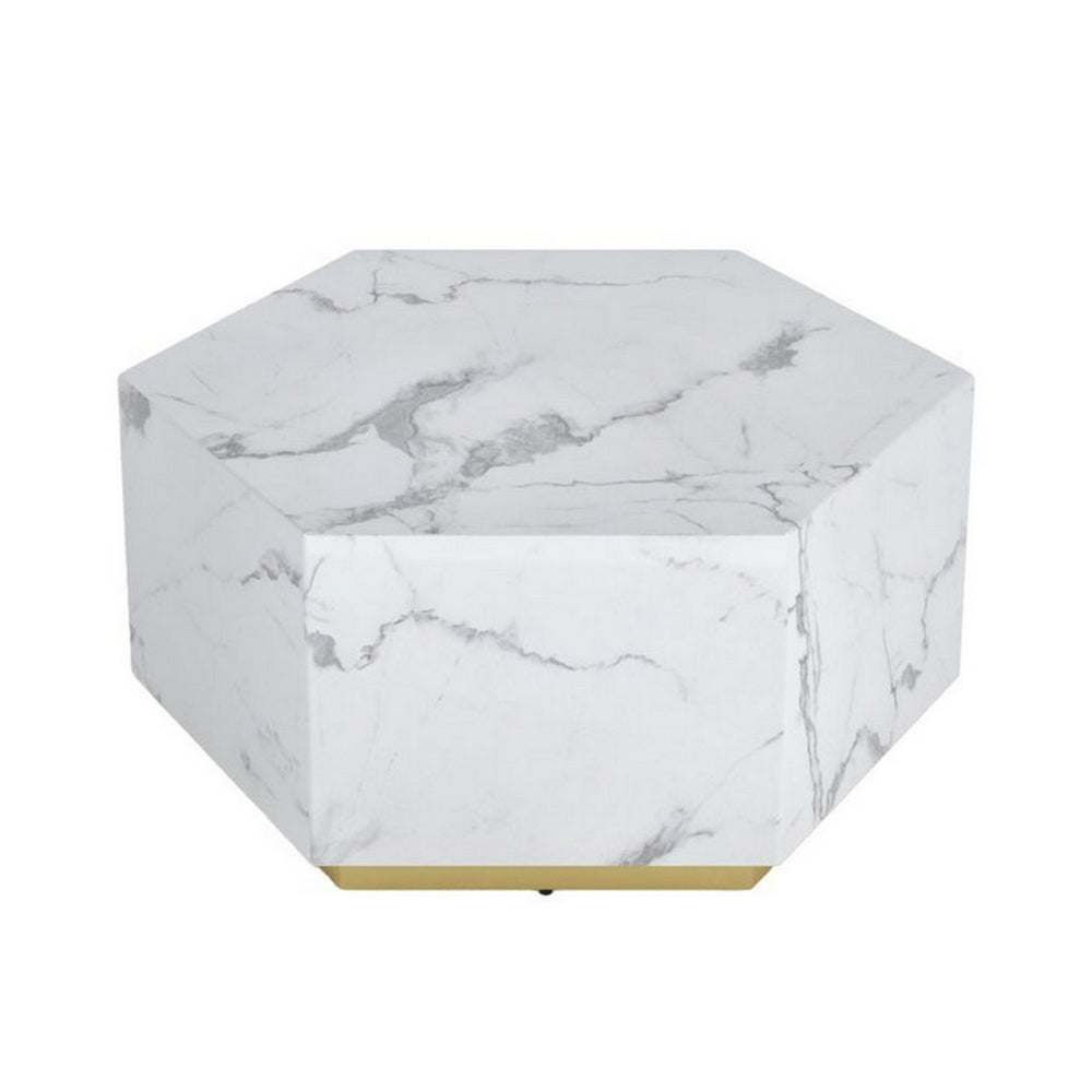 Benjara Hexi 35 Inch Coffee Table, Hexagonal, White Marble Design, Gold Base