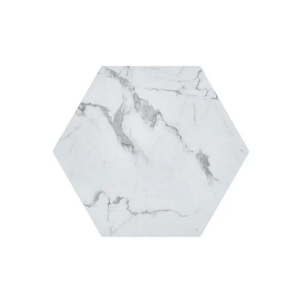 Benjara Hexi 35 Inch Coffee Table, Hexagonal, White Marble Design, Gold Base