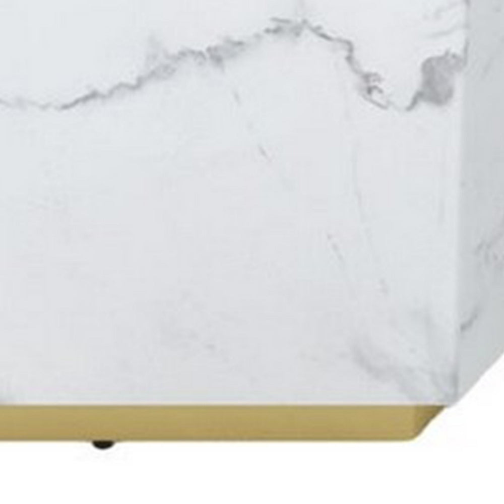 Benjara Hexi 35 Inch Coffee Table, Hexagonal, White Marble Design, Gold Base