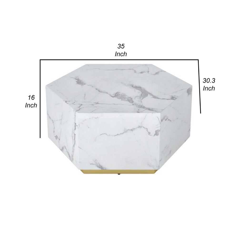Benjara Hexi 35 Inch Coffee Table, Hexagonal, White Marble Design, Gold Base
