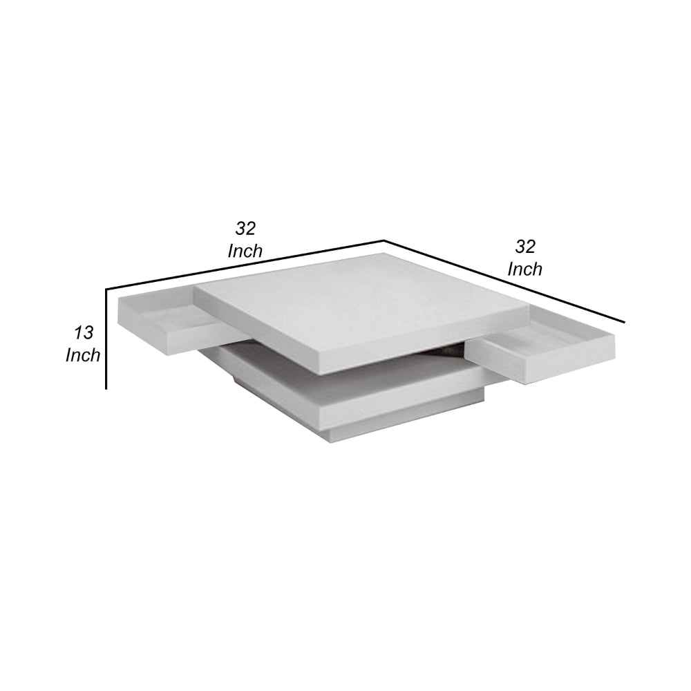 Benjara Zeny 32 Inch Coffee Table with 2 Drawers, Square White Lacquer Wood Top