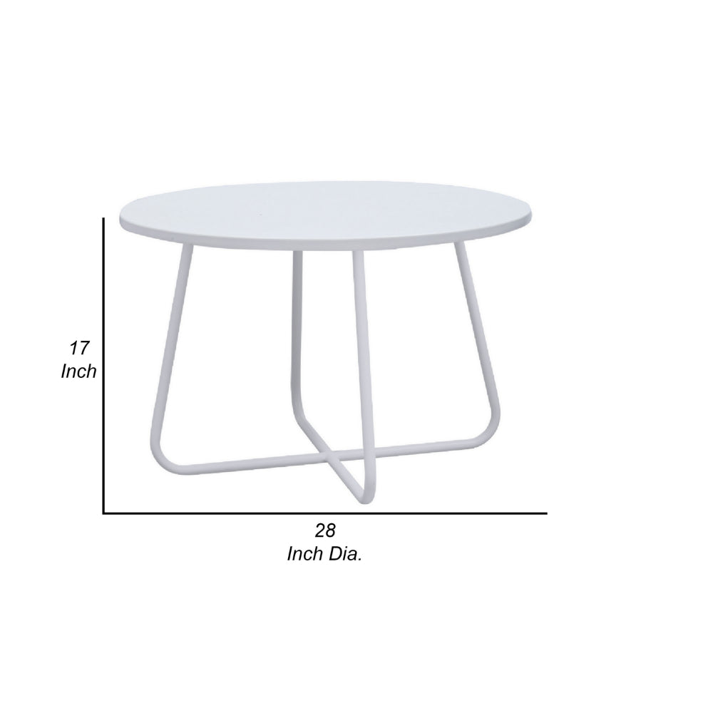 Benjara Lei 28 Inch Round Coffee Table, Wood Top in White with White Metal Base