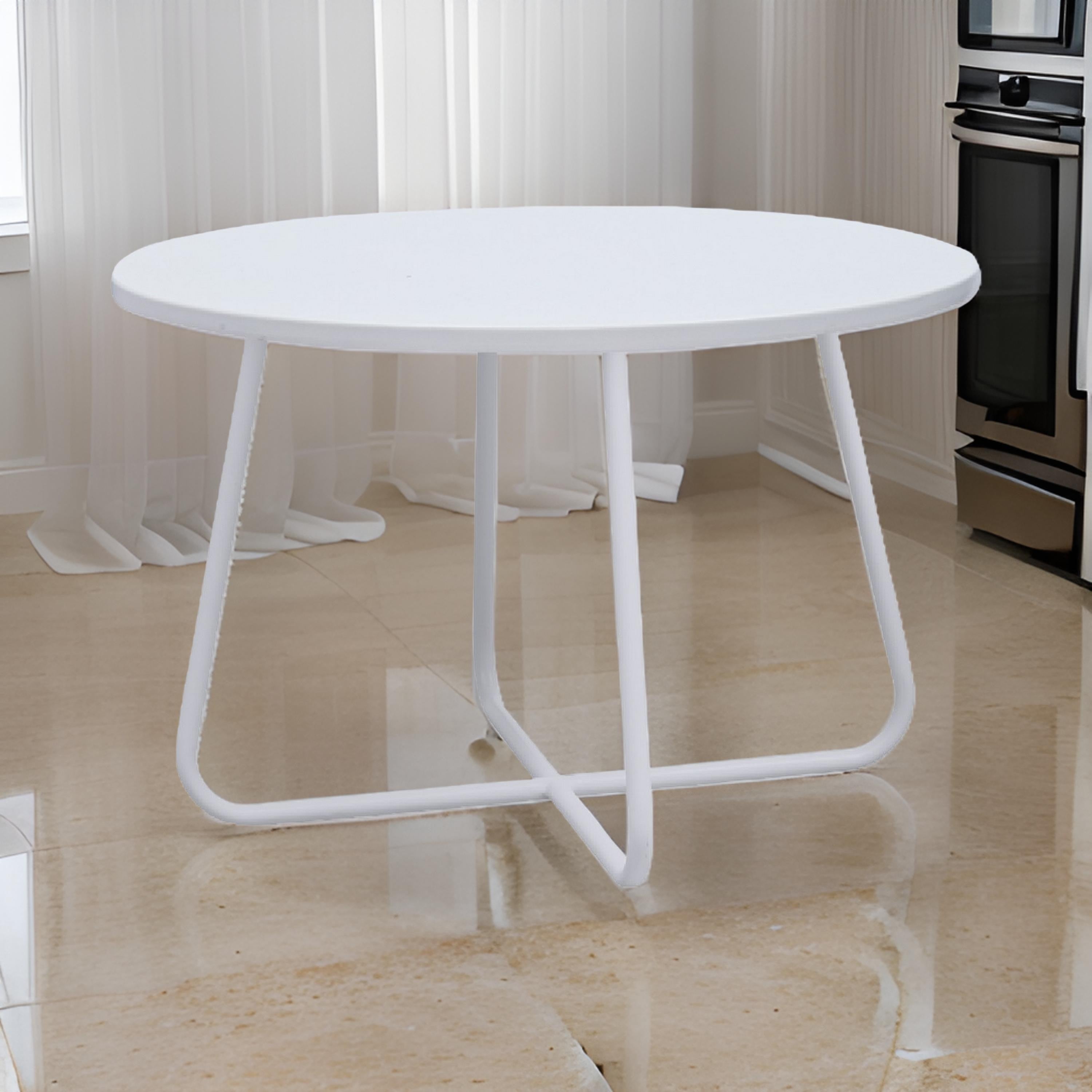 Benjara Lei 28 Inch Round Coffee Table, Wood Top in White with White Metal Base