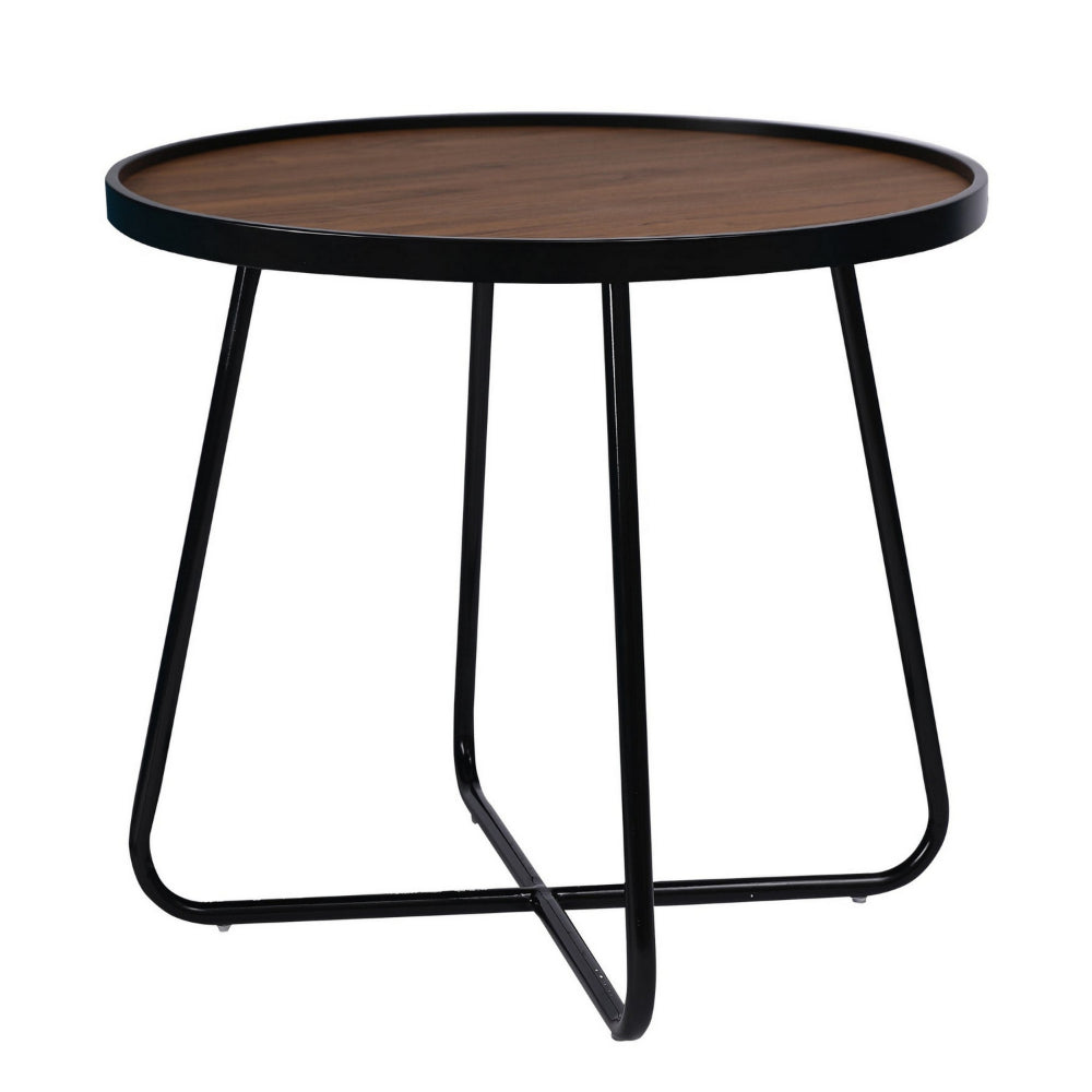 Benjara Lei 24 Inch Side End Table, Round Top, Black Metal Cross Base, Walnut Brown