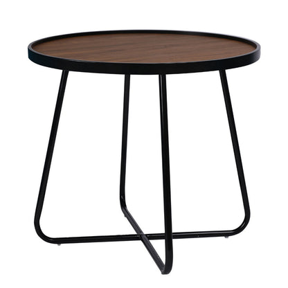 Benjara Lei 24 Inch Side End Table, Round Top, Black Metal Cross Base, Walnut Brown
