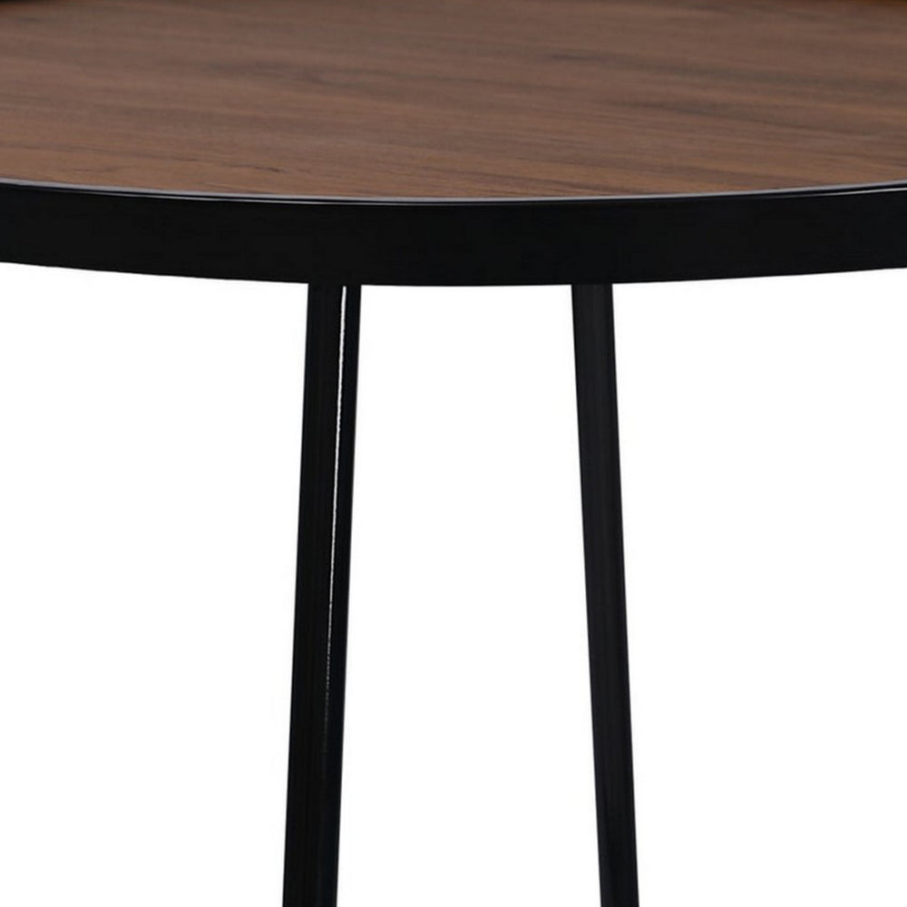 Benjara Lei 24 Inch Side End Table, Round Top, Black Metal Cross Base, Walnut Brown