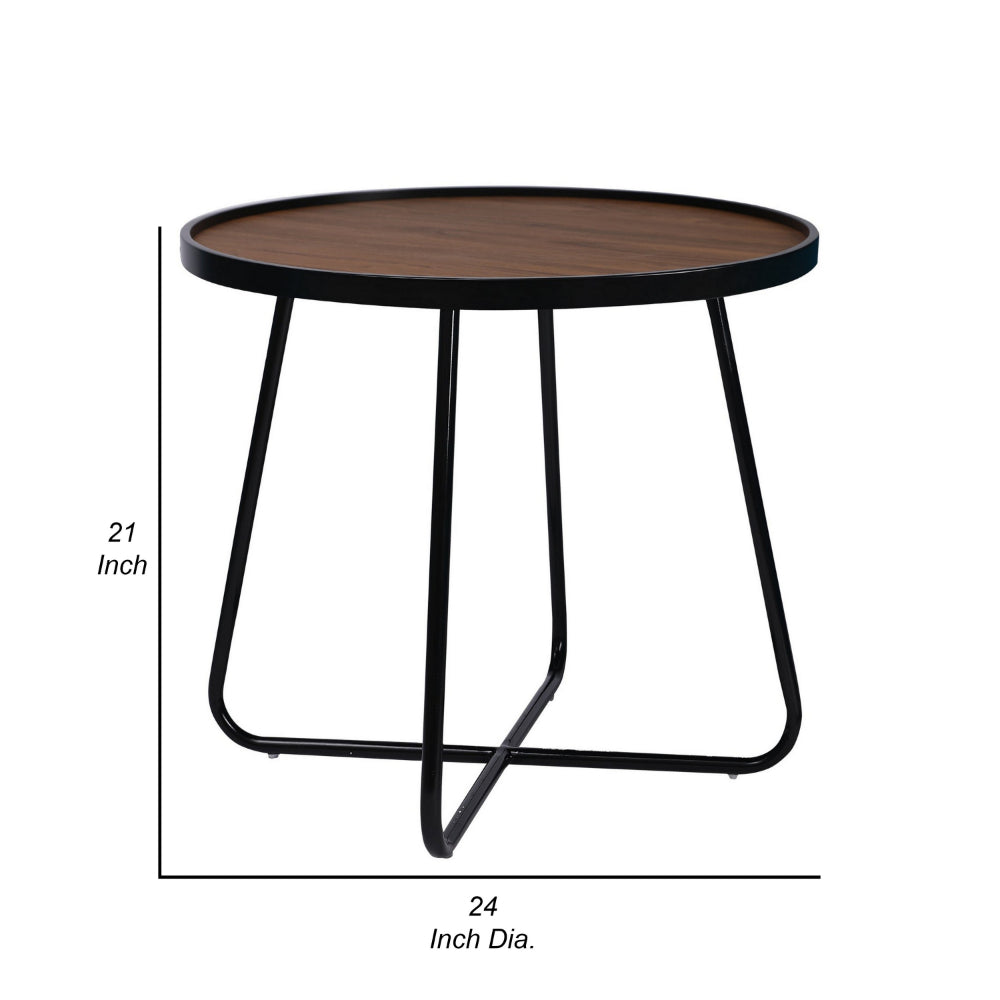 Benjara Lei 24 Inch Side End Table, Round Top, Black Metal Cross Base, Walnut Brown