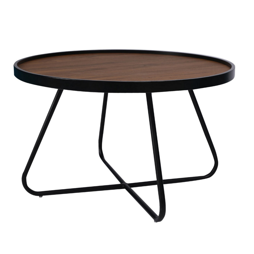 Benjara Lei 28 Inch Coffee Table, Round Top Crossed Base, Black Metal, Walnut Brown