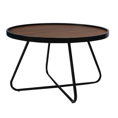 Benjara Lei 28 Inch Coffee Table, Round Top Crossed Base, Black Metal, Walnut Brown