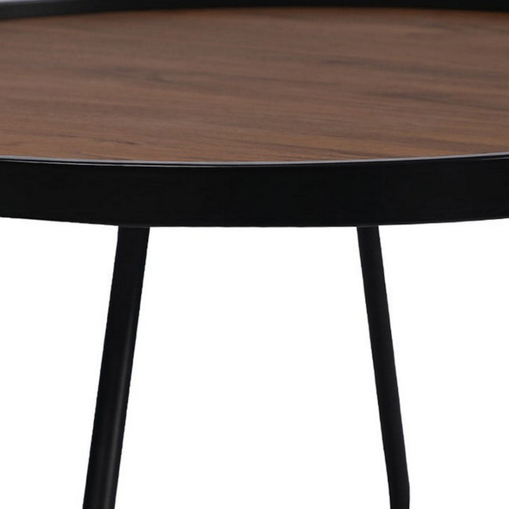 Benjara Lei 28 Inch Coffee Table, Round Top Crossed Base, Black Metal, Walnut Brown