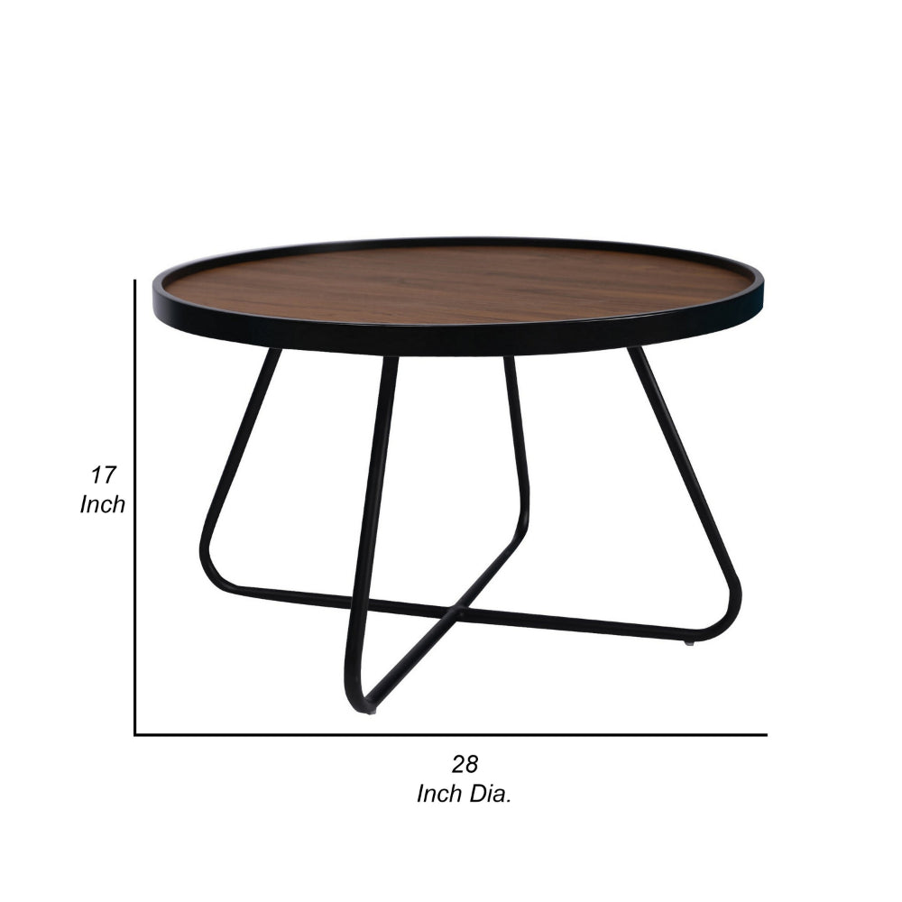 Benjara Lei 28 Inch Coffee Table, Round Top Crossed Base, Black Metal, Walnut Brown