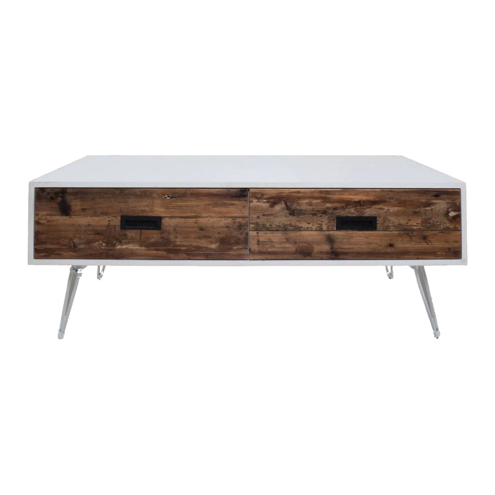 Benjara Fem 48 Inch Modern Coffee Table, 2 Drawers, Angled Base, White Brown Wood