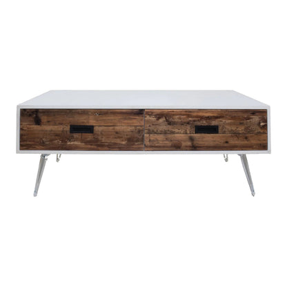 Benjara Fem 48 Inch Modern Coffee Table, 2 Drawers, Angled Base, White Brown Wood