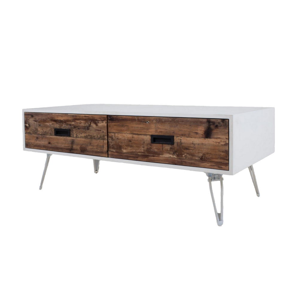 Benjara Fem 48 Inch Modern Coffee Table, 2 Drawers, Angled Base, White Brown Wood