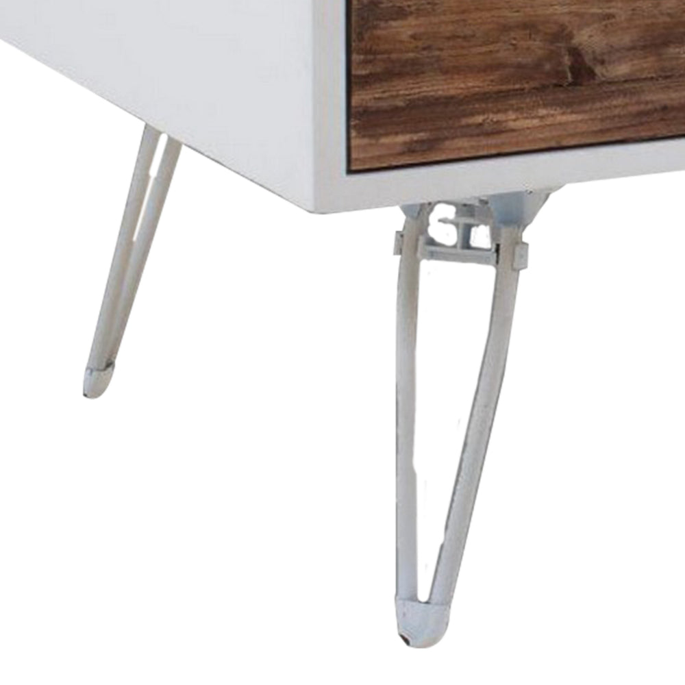 Benjara Fem 48 Inch Modern Coffee Table, 2 Drawers, Angled Base, White Brown Wood
