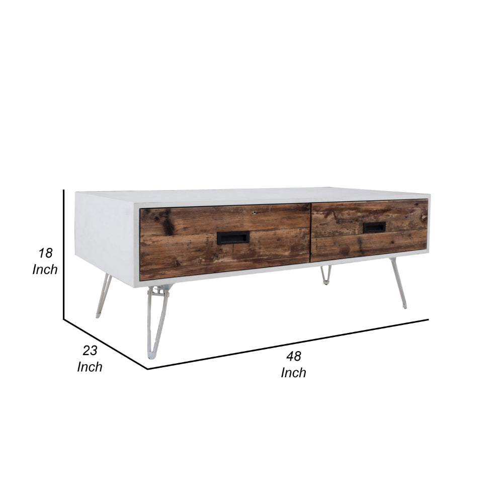 Benjara Fem 48 Inch Modern Coffee Table, 2 Drawers, Angled Base, White Brown Wood