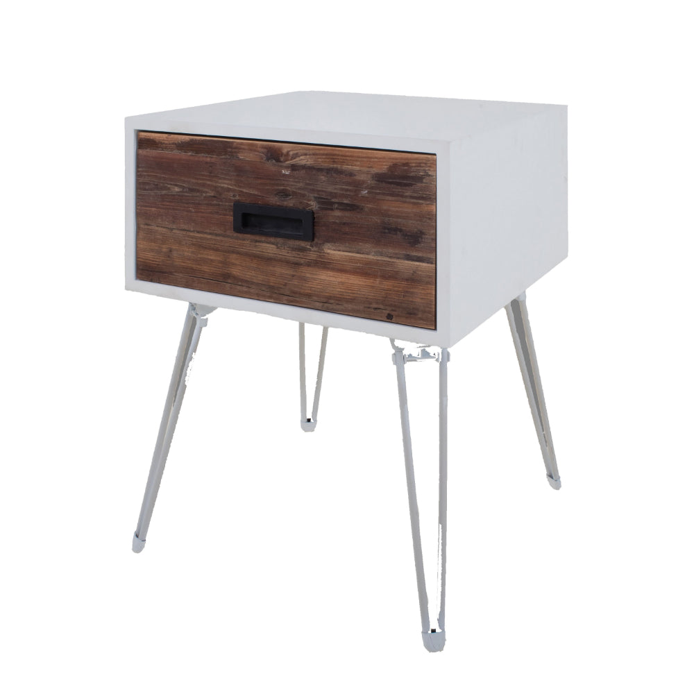 Benjara Fem 23 Inch Modern Side End Table, 1 Drawer, Angled Base, White Brown Wood