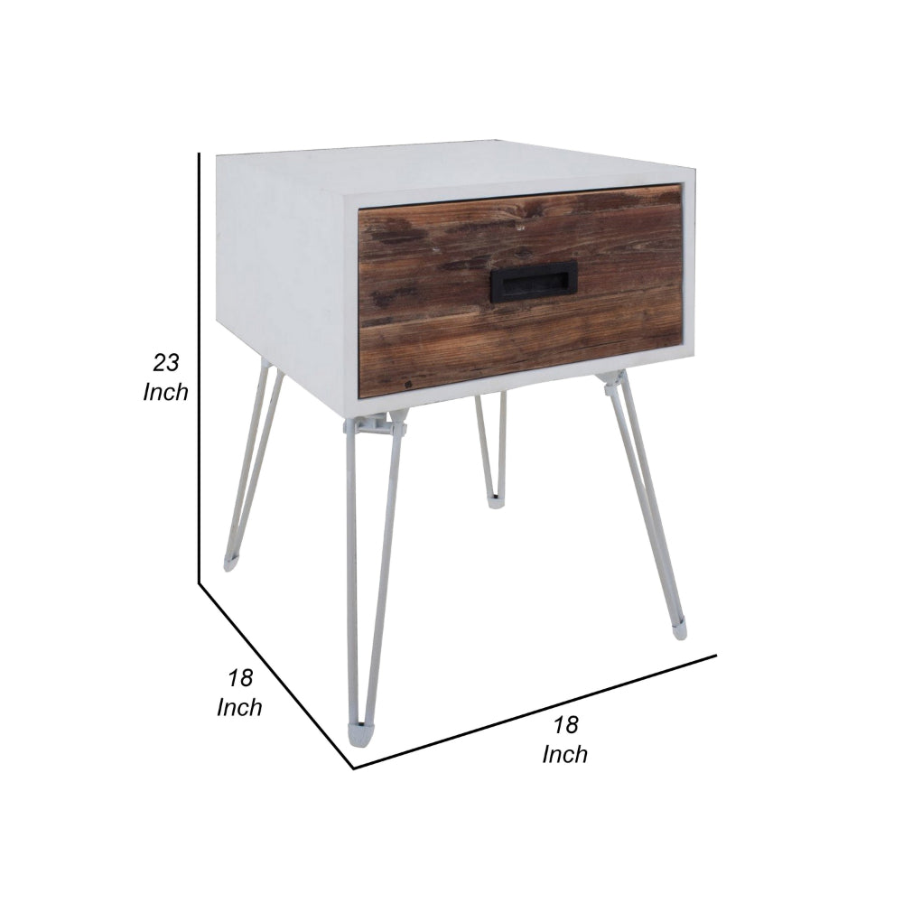 Benjara Fem 23 Inch Modern Side End Table, 1 Drawer, Angled Base, White Brown Wood