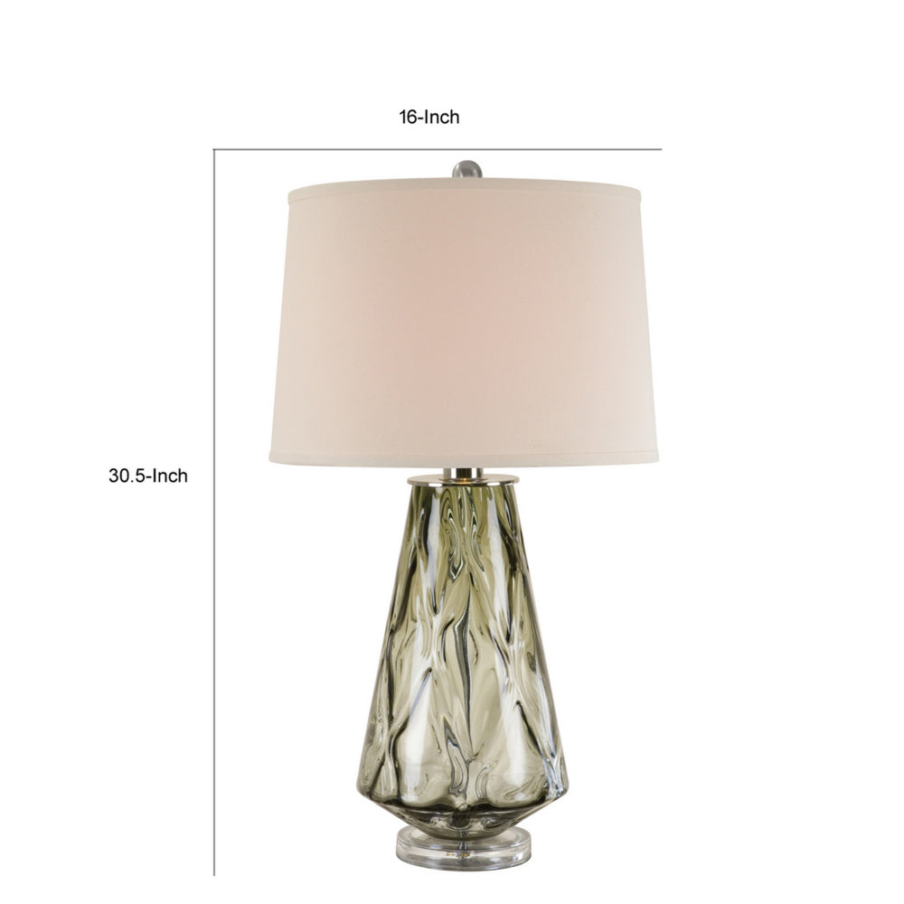 Benjara 31 Inch Accent Table Lamp with White Drum Shade, Rippled Gray Glass Base