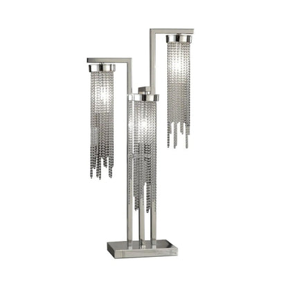 Benjara 30 Inch Table Lamp, 3 Lights, Faux Crystal Strand Shades, Chrome Metal