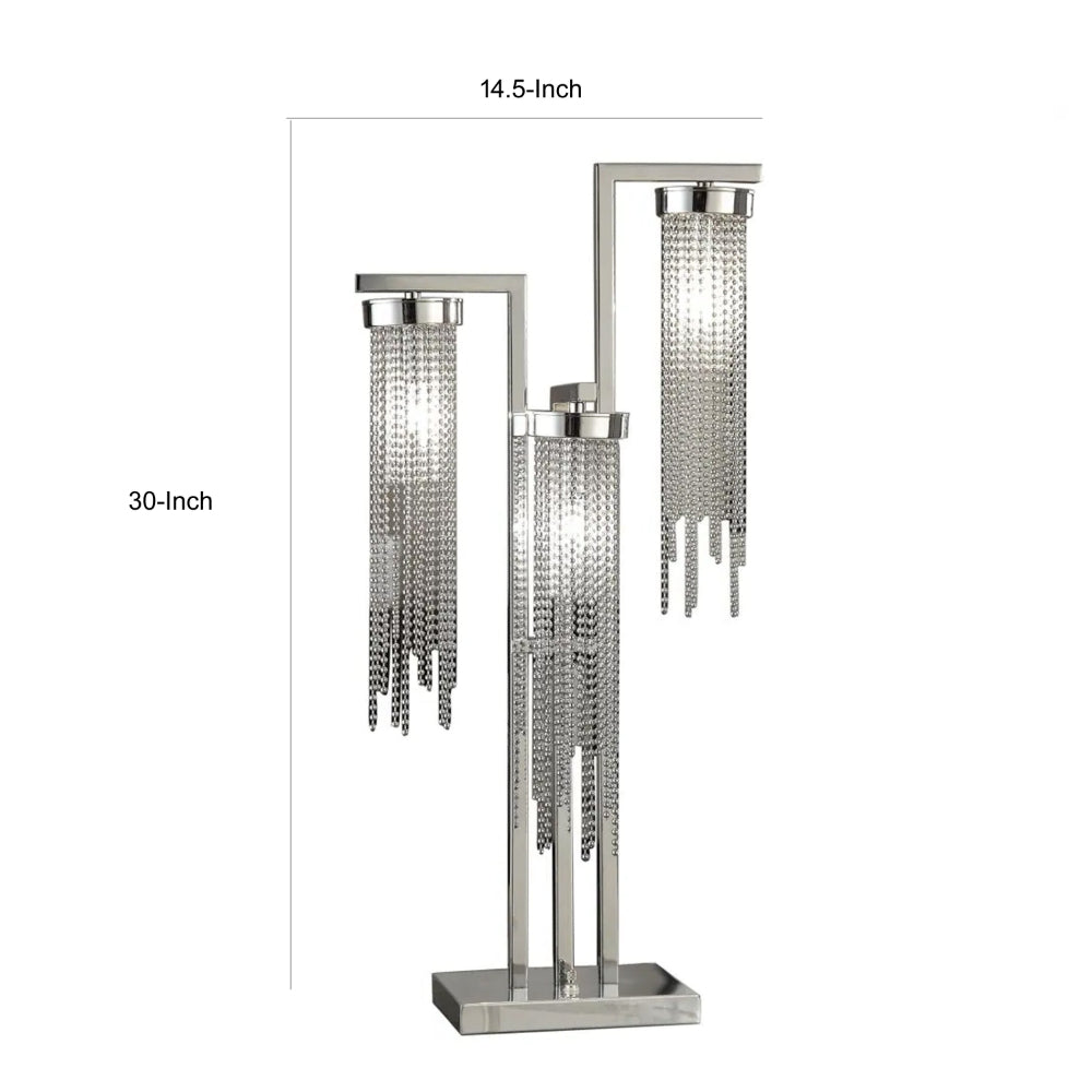 Benjara 30 Inch Table Lamp, 3 Lights, Faux Crystal Strand Shades, Chrome Metal