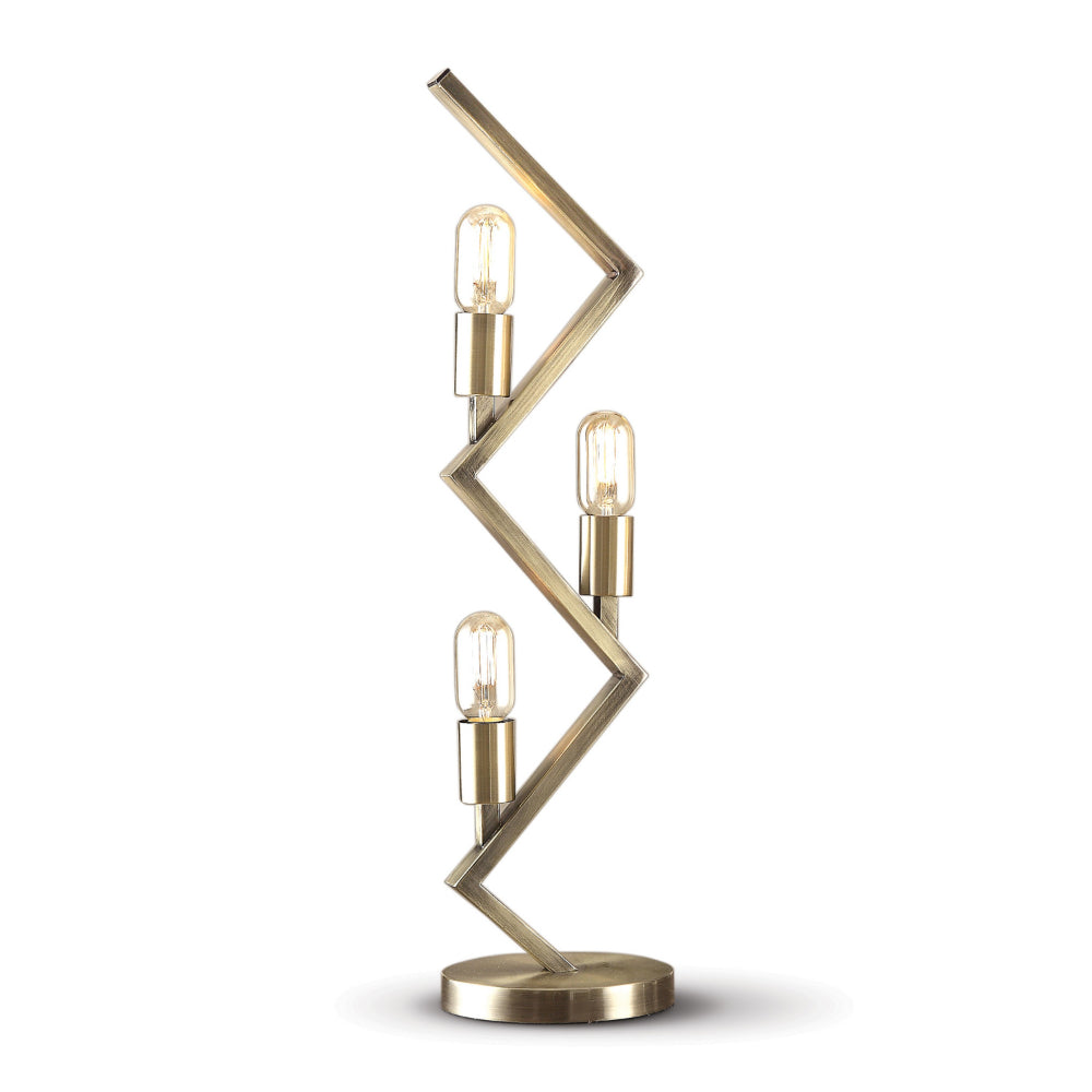 Benjara 27 Inch Accent Table Lamp, 3 Light Zig Zag Design, Round Base, Brass Metal