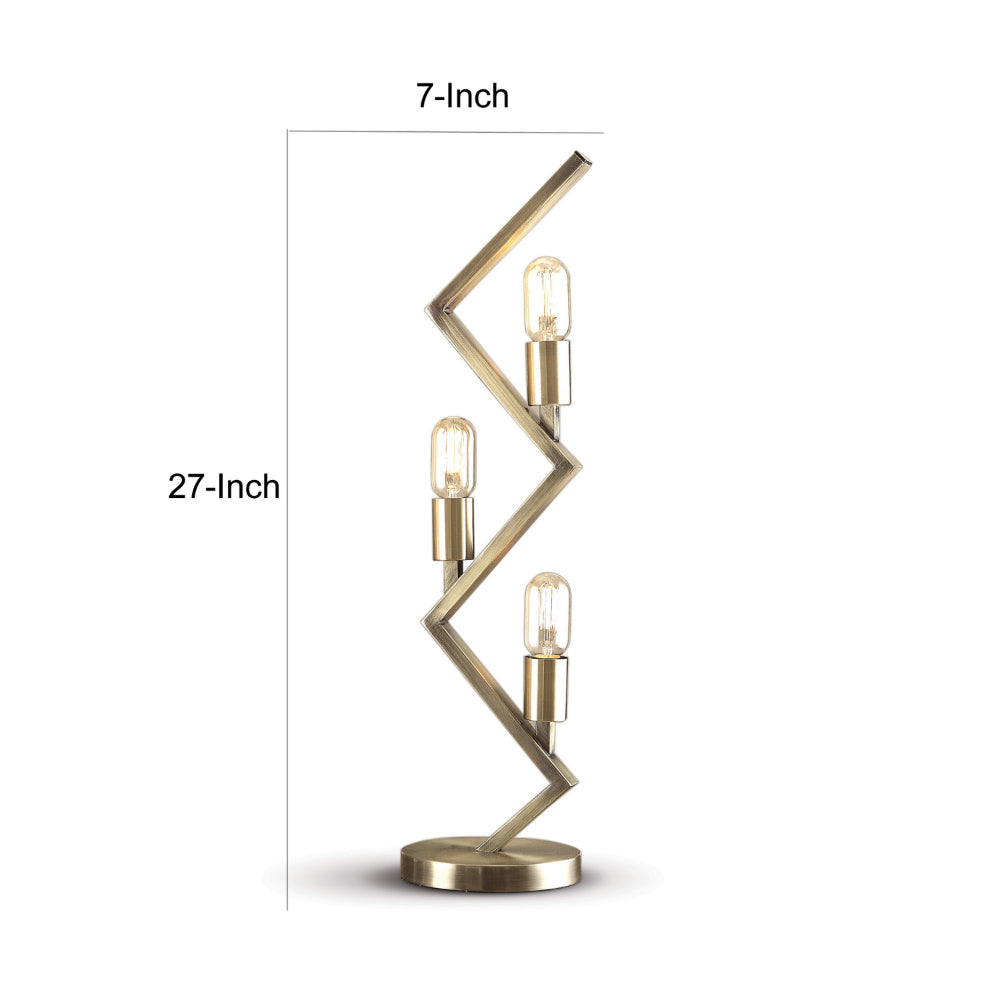 Benjara 27 Inch Accent Table Lamp, 3 Light Zig Zag Design, Round Base, Brass Metal