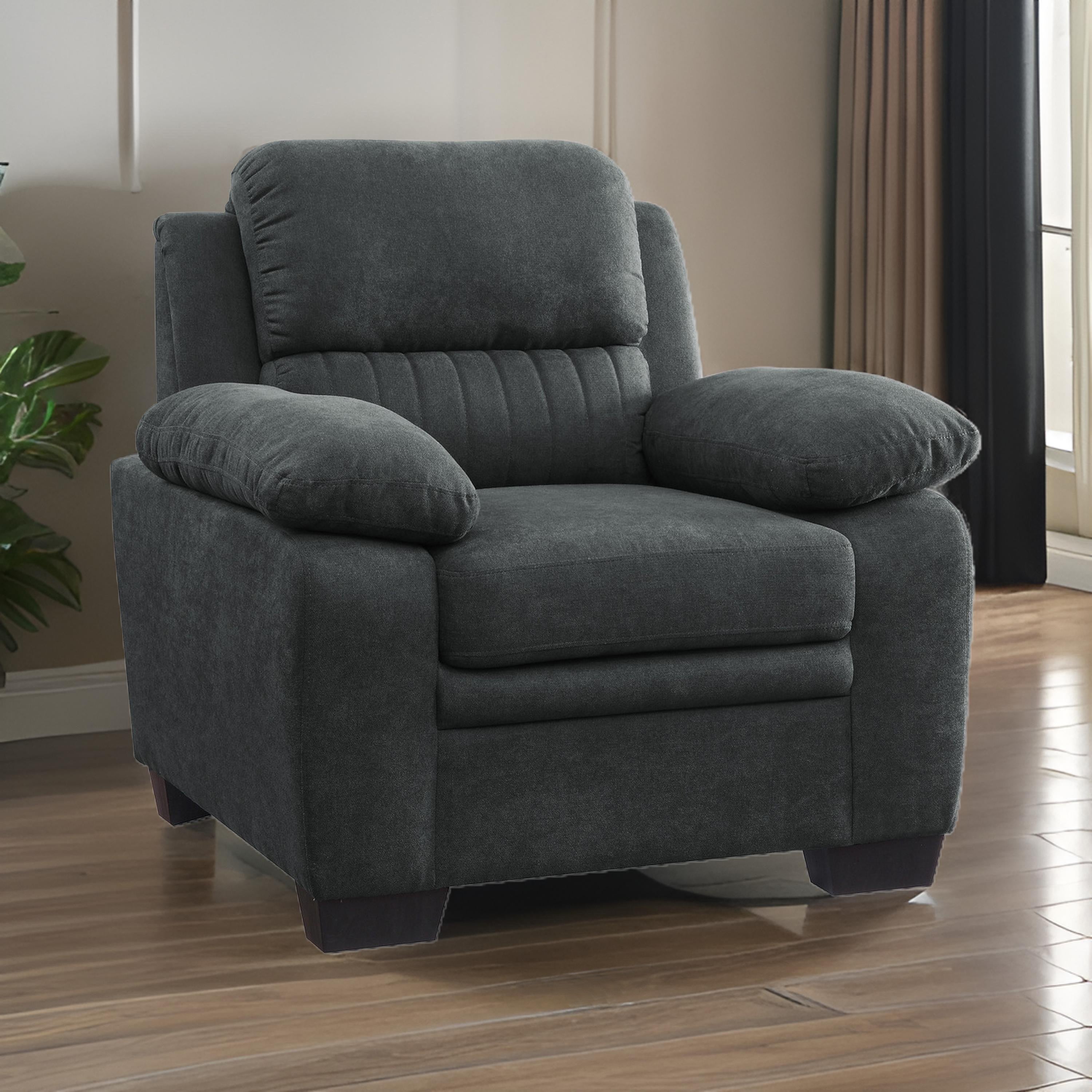 Benjara Hugh 36 Inch Accent Chair, Dark Gray Polyester, Foam Cushioned, Solid Wood