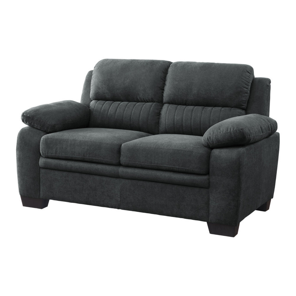 Benjara Hugh 58 Inch Loveseat, Dark Gray Polyester, Foam Cushioned, Solid Wood