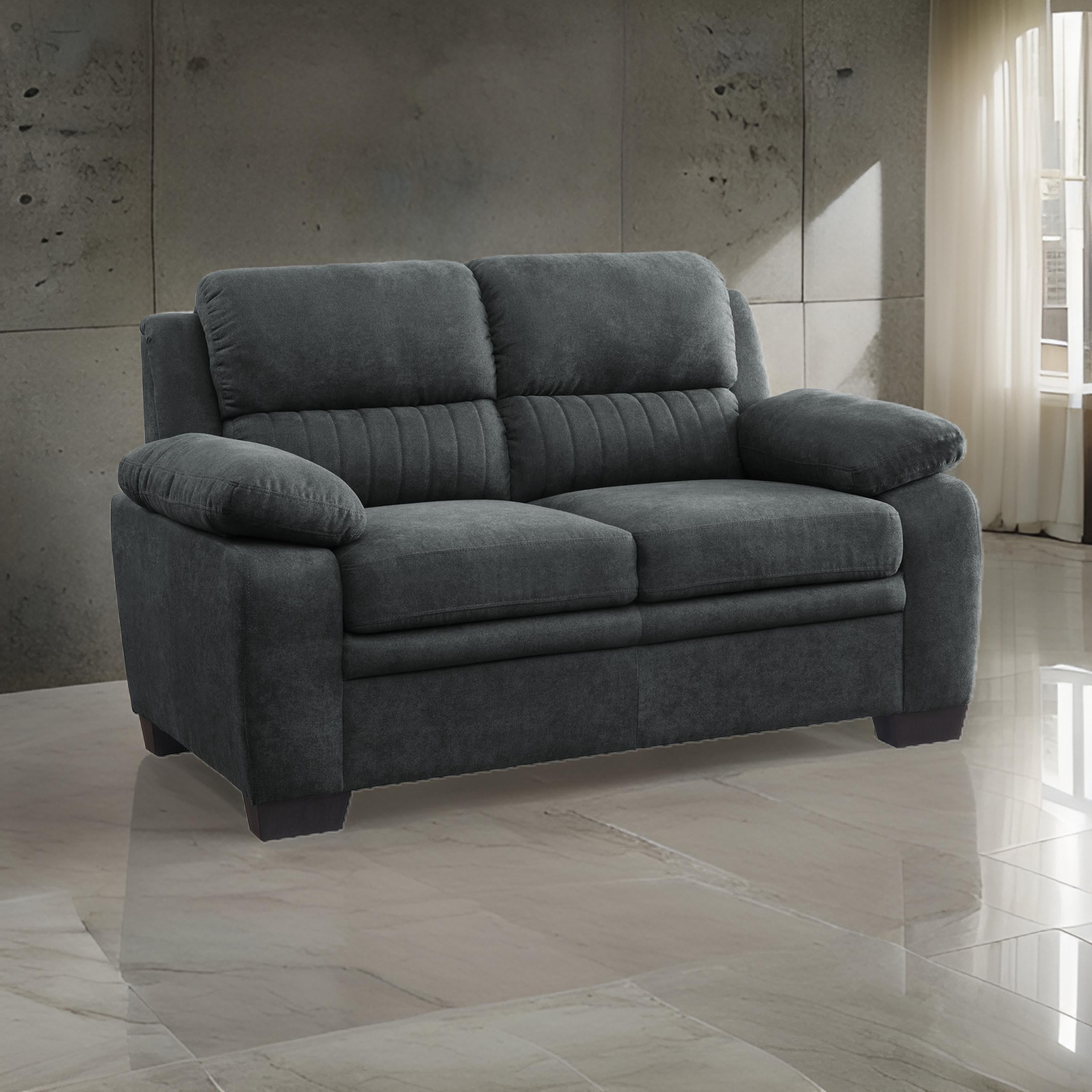 Benjara Hugh 58 Inch Loveseat, Dark Gray Polyester, Foam Cushioned, Solid Wood