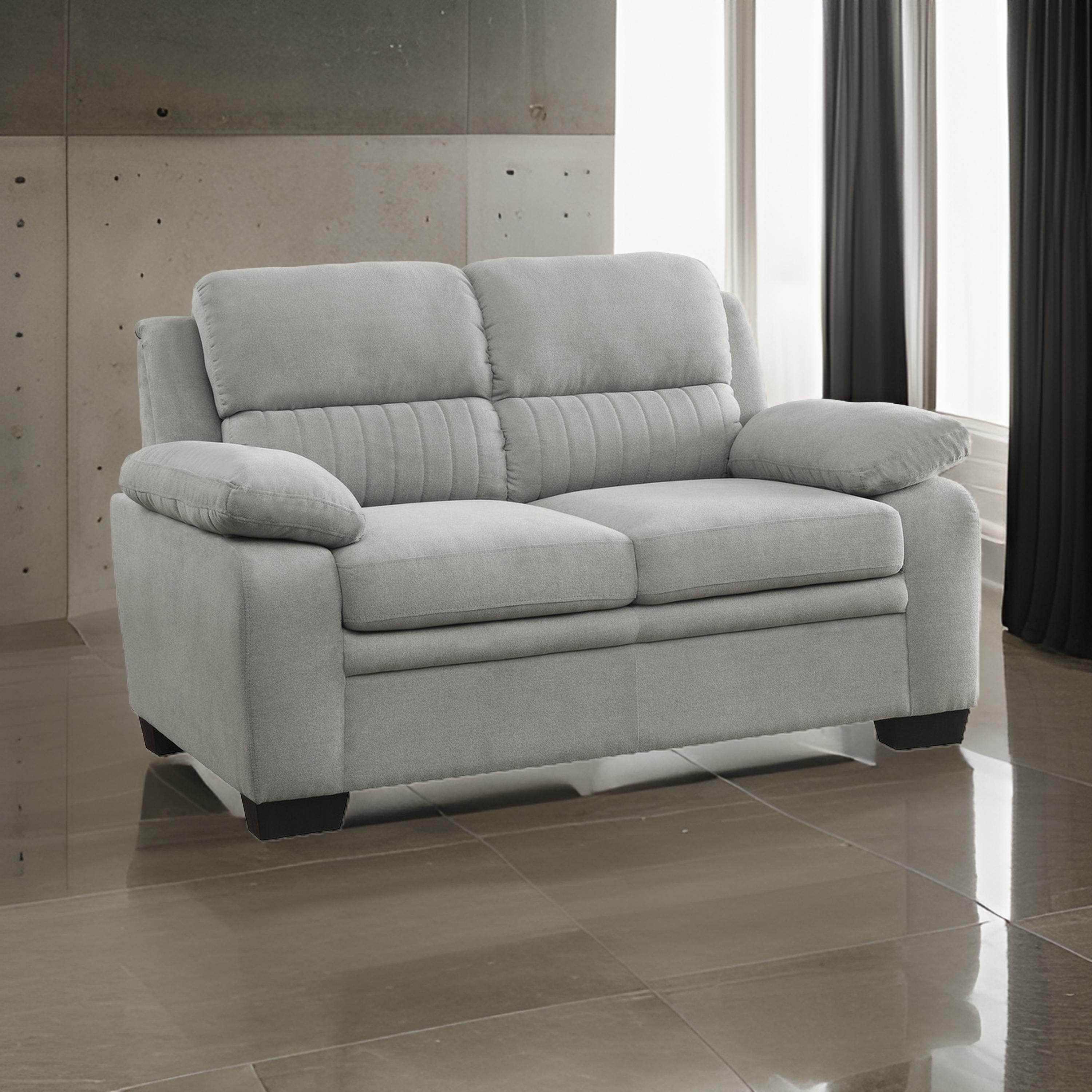 Benjara Hugh 58 Inch Loveseat, Gray Polyester, Soft Foam Cushioned, Solid Wood