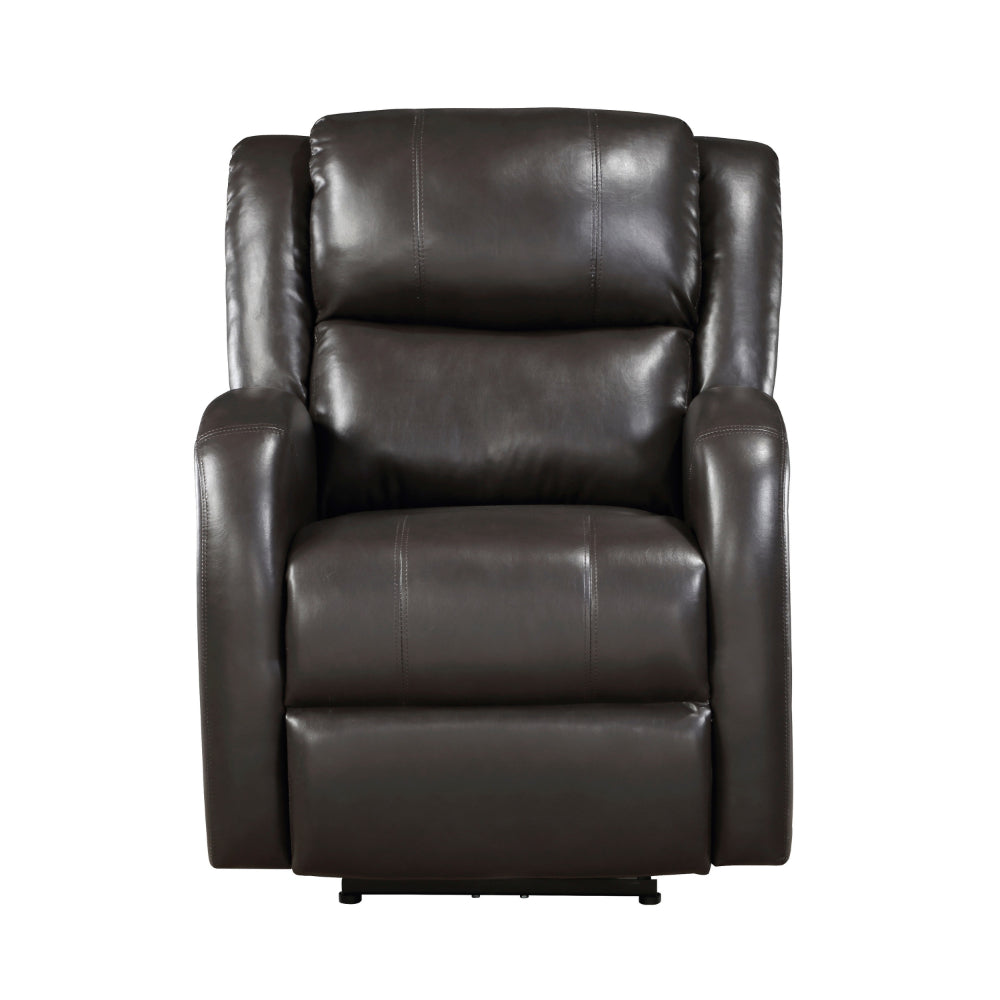 Benjara Karena 38 Inch Power Reclining Accent Chair, Brown Faux Leather, Solid Wood