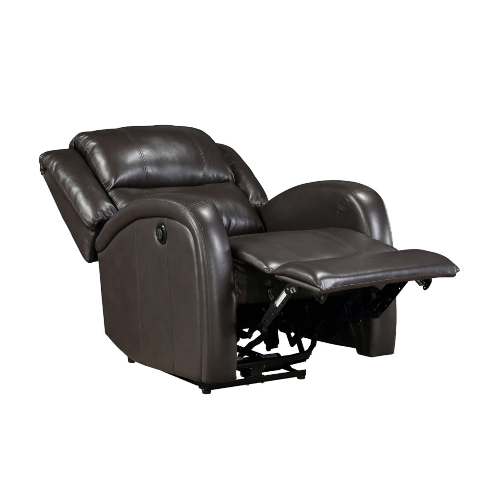 Benjara Karena 38 Inch Power Reclining Accent Chair, Brown Faux Leather, Solid Wood