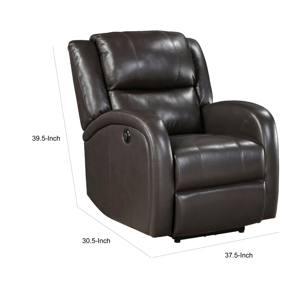 Benjara Karena 38 Inch Power Reclining Accent Chair, Brown Faux Leather, Solid Wood