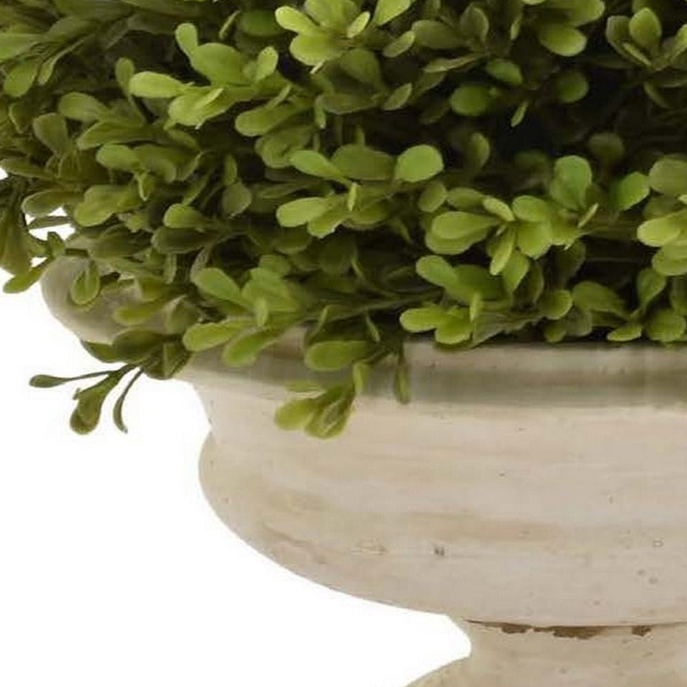 Benjara 15 Inch Faux Boxwood Topiary Plant in Urn Pedestal Pot, Off White Planter